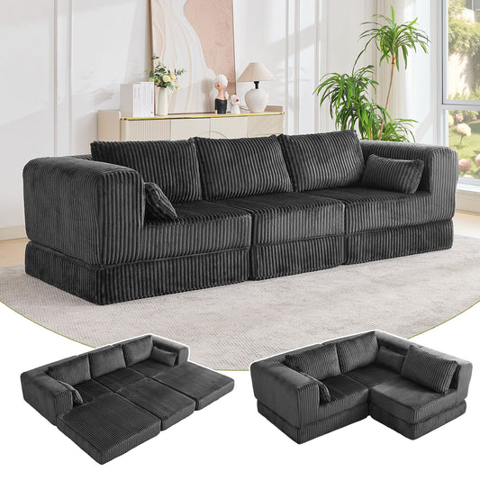 STHOUYN 106" Corduroy Folding Convertible Sleeper Sofa Bed, Grey Pull Out Floor Modular Couch with Pillow, Memory Foam Boneless Couchs Sectional for Living Room Bedroom (3, Grey)