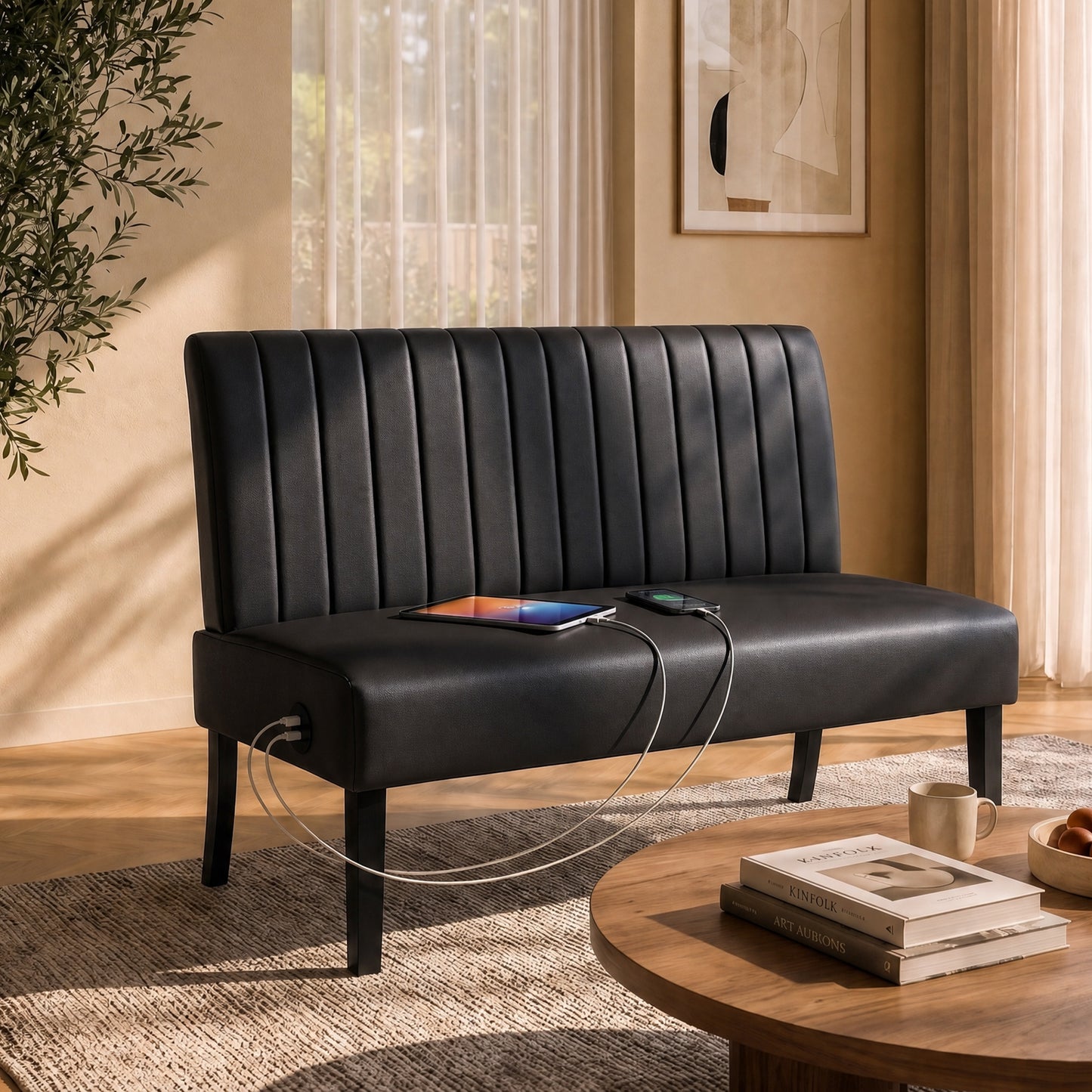 STHOUYN 43'' Leather Armless Loveseat with USB, Compact Couch for Living Room