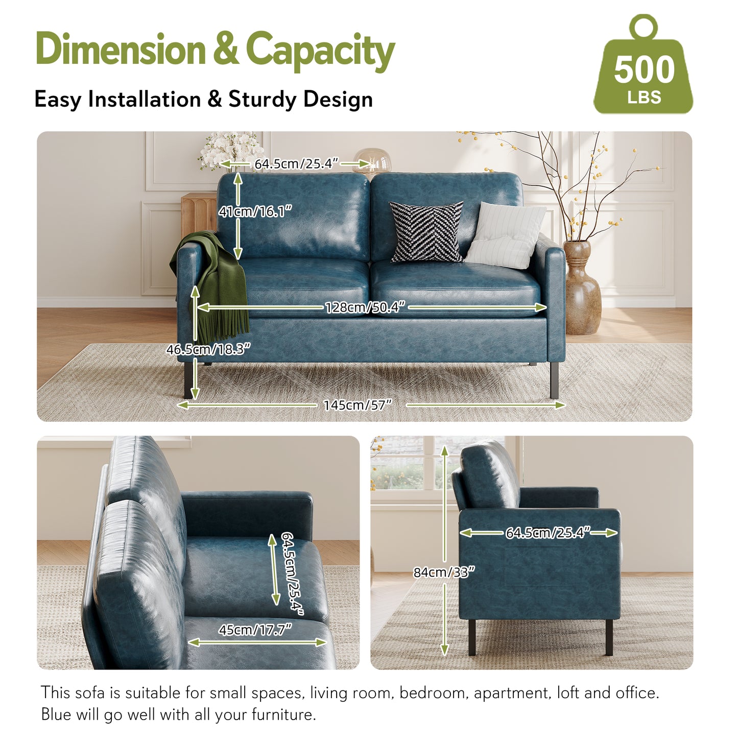 STHOUYN 57" W Faux Leather Loveseat w/ 2 USB, Small Loveseat Sofa w/Side Pockets, Wooden Frame Small Couch w/Metal Legs, Office Mini Couch for Dorm, Bedroom, Appartment (Blue, 2 Seater)