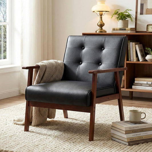 STHOUYN Accent Chair, Black Leather Chair with Wood Frame, Upholstered Tufted Comfy Reading Arm Chair, Mid-Century Modern Living Room Chair, Side Chairs for Living Room, Waiting Room, Office (1)