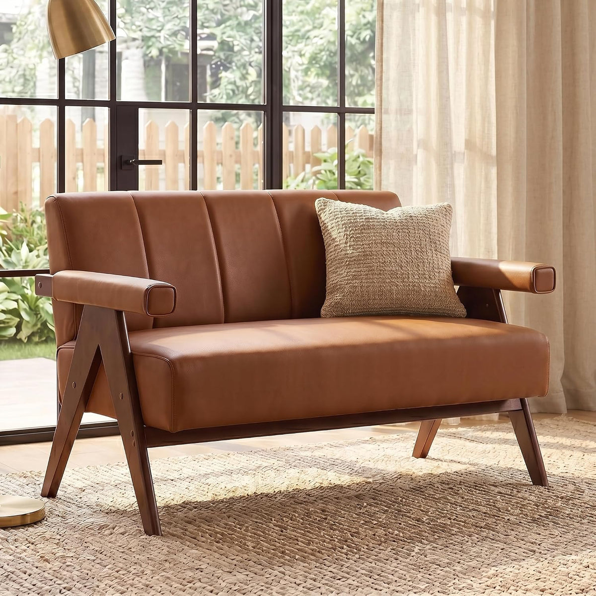 STHOUYN 50" Small Brown Faux Leather Sofa Couch, Wooden Office Loveseat