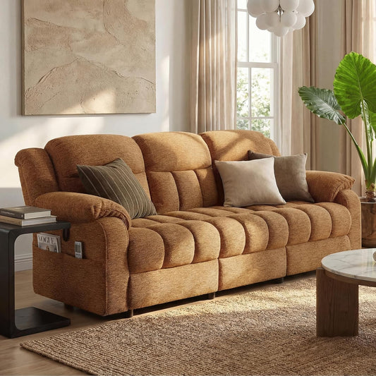 STHOUYN Electric Recliner Sofa Couch, Power Reclining Sofa Loveseat with Pockets & Adjustable Backrest, Comfy Chenille Upholstered 3 Seater Couch for Living Room, Home Theater (Camel Brown)