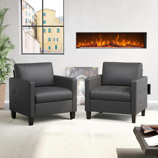 STHOUYN Accent Chairs Set of 2, Black Faux Leather Chair, Mid-Century Modern Living Room Chairs, Cozy Office Reading Chair with Tufted Seat and Armrest, Armchairs for Bedroom, Waiting Room (2)