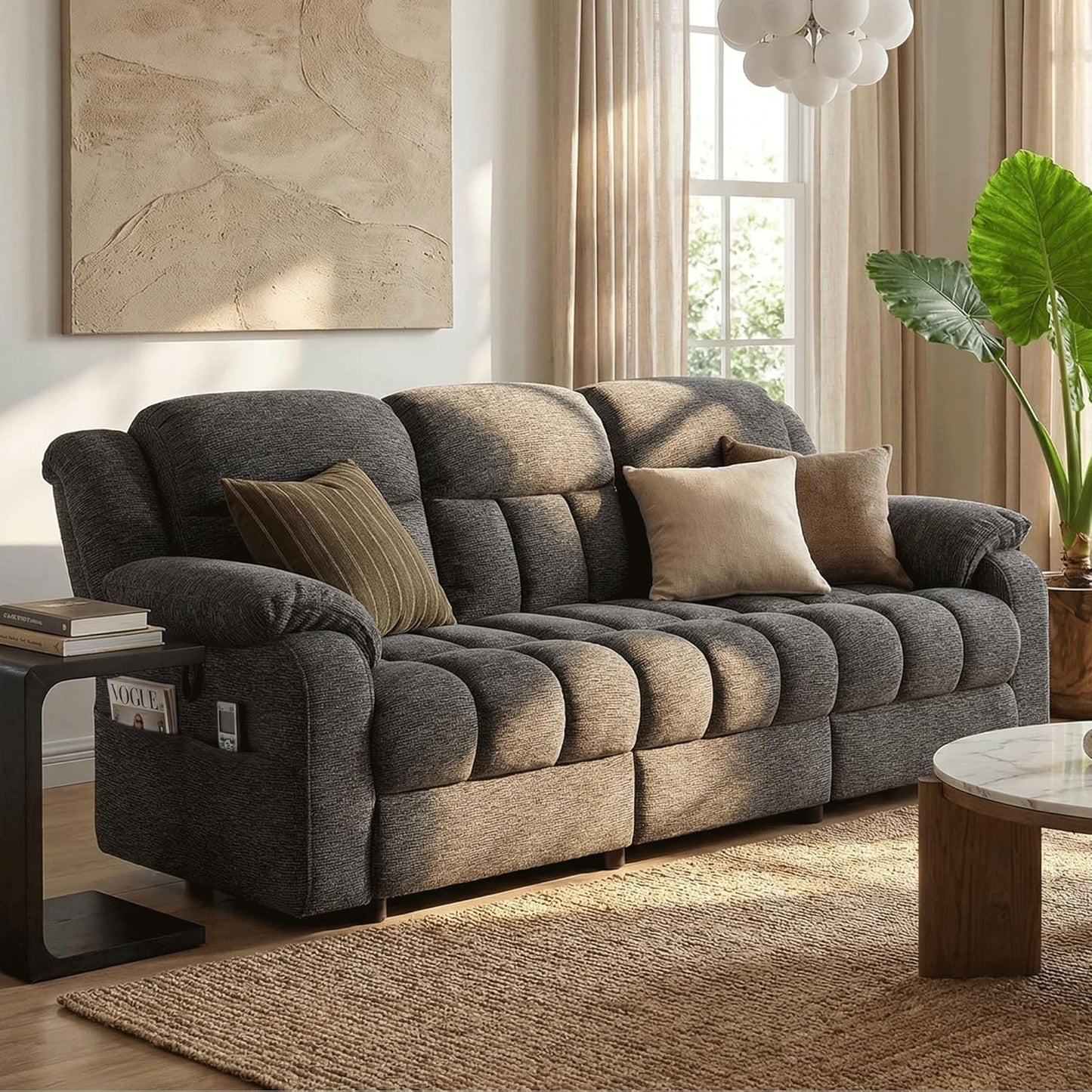 STHOUYN Electric Recliner Sofa Couch, Power Reclining Sofa Loveseat with Pockets & Adjustable Backrest, Comfy Chenille Upholstered 3 Seater Couch for Living Room, Home Theater (Grey)