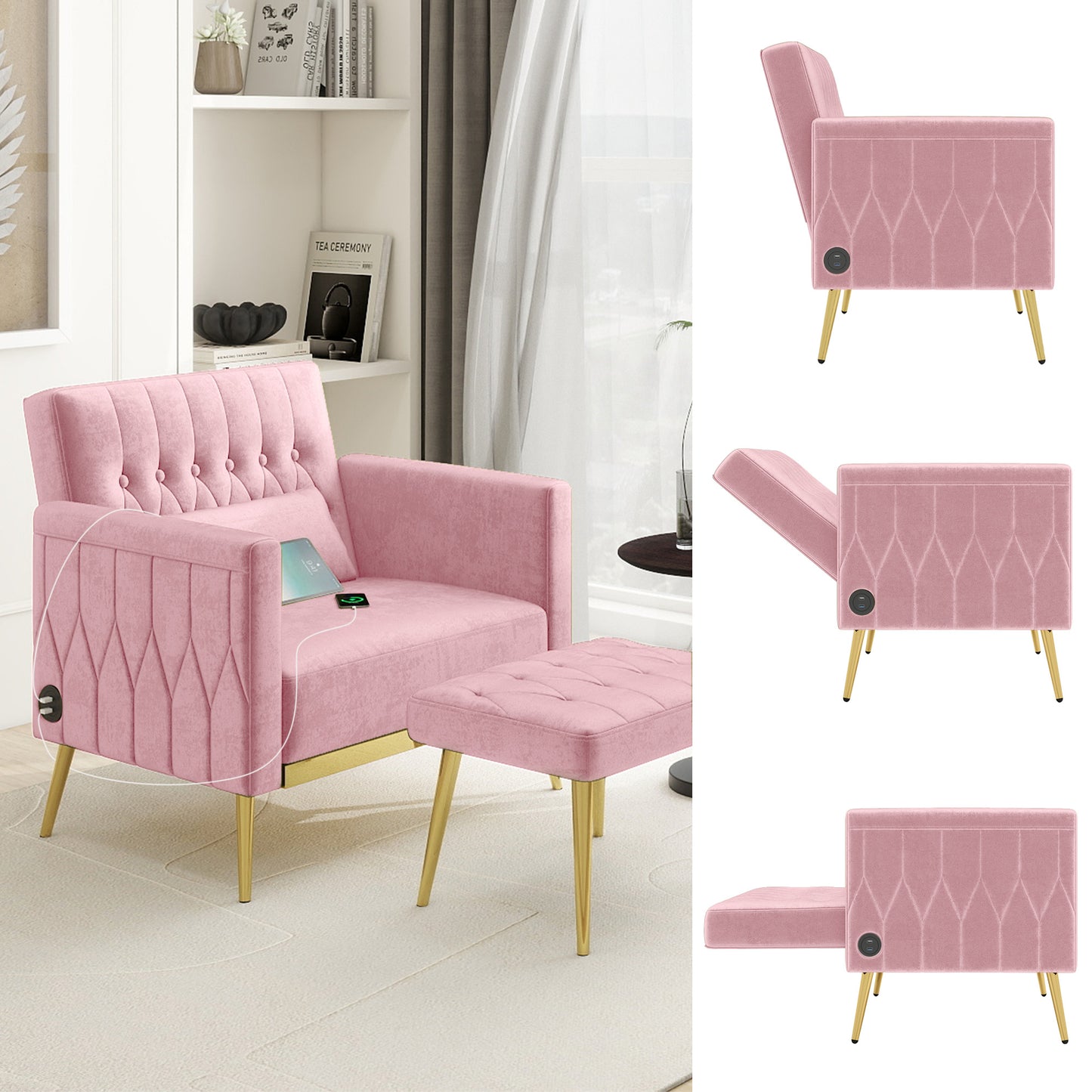 Coewske Lamb Wool Accent Chair & Ottoman Set Recliner Lounge Chair w/ Adjustable Backrest USB Ports Pink