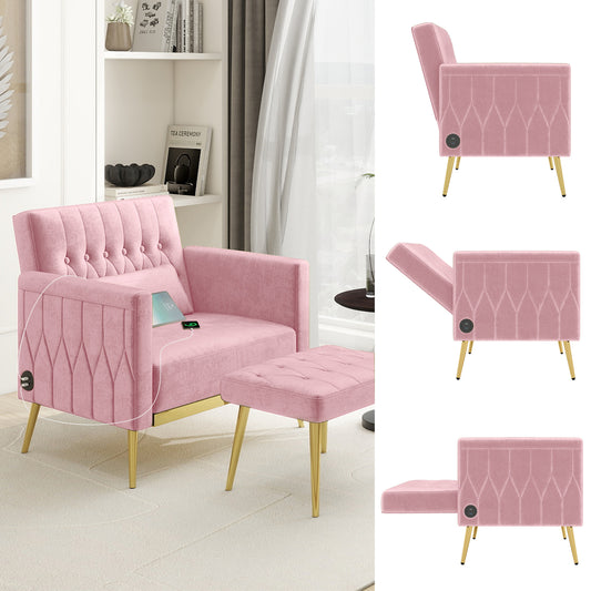 Coewske Lamb Wool Accent Chair & Ottoman Set Recliner Lounge Chair w/ Adjustable Backrest USB Ports Pink