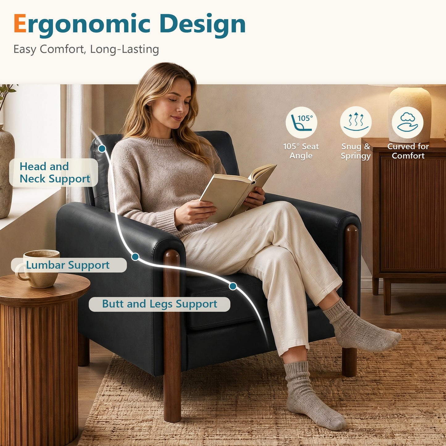 STHOUYN 35" Black Leather Oversized Accent Chair Set of 2 with Wood Armrests, Mid-Century Modern Tufted Living Room Chair, Comfy Reading Chair with Lumbar Support & Thick Cushion Waiting Room Office