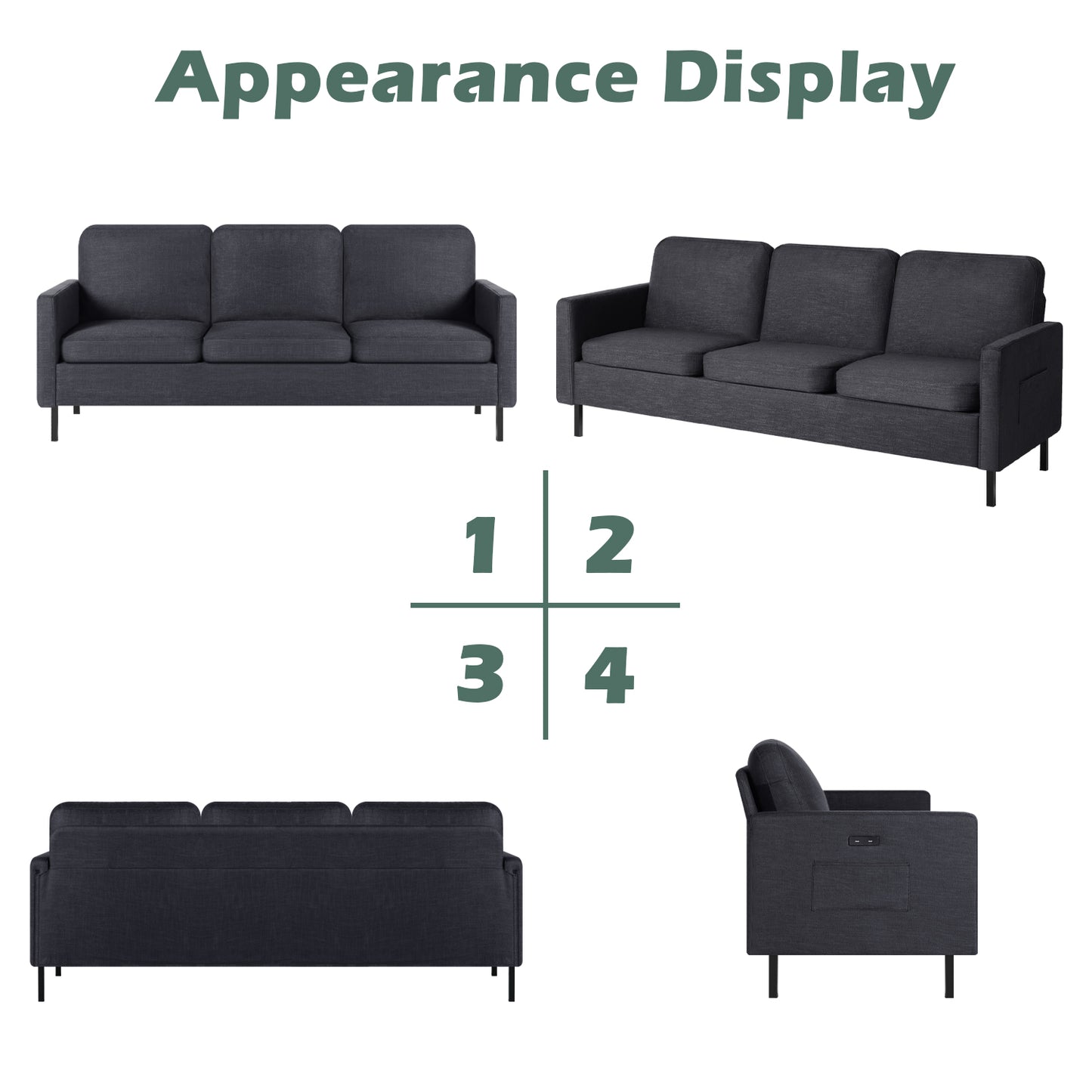 STHOUYN 72" W 3 Seater Couch with 2 USB, Comfy Grey Couch with 2 Pockets, Living Room Sofas with Reinforced Steel Frame, Cheap Sofas for Small Spaces, Dorm, Bedroom