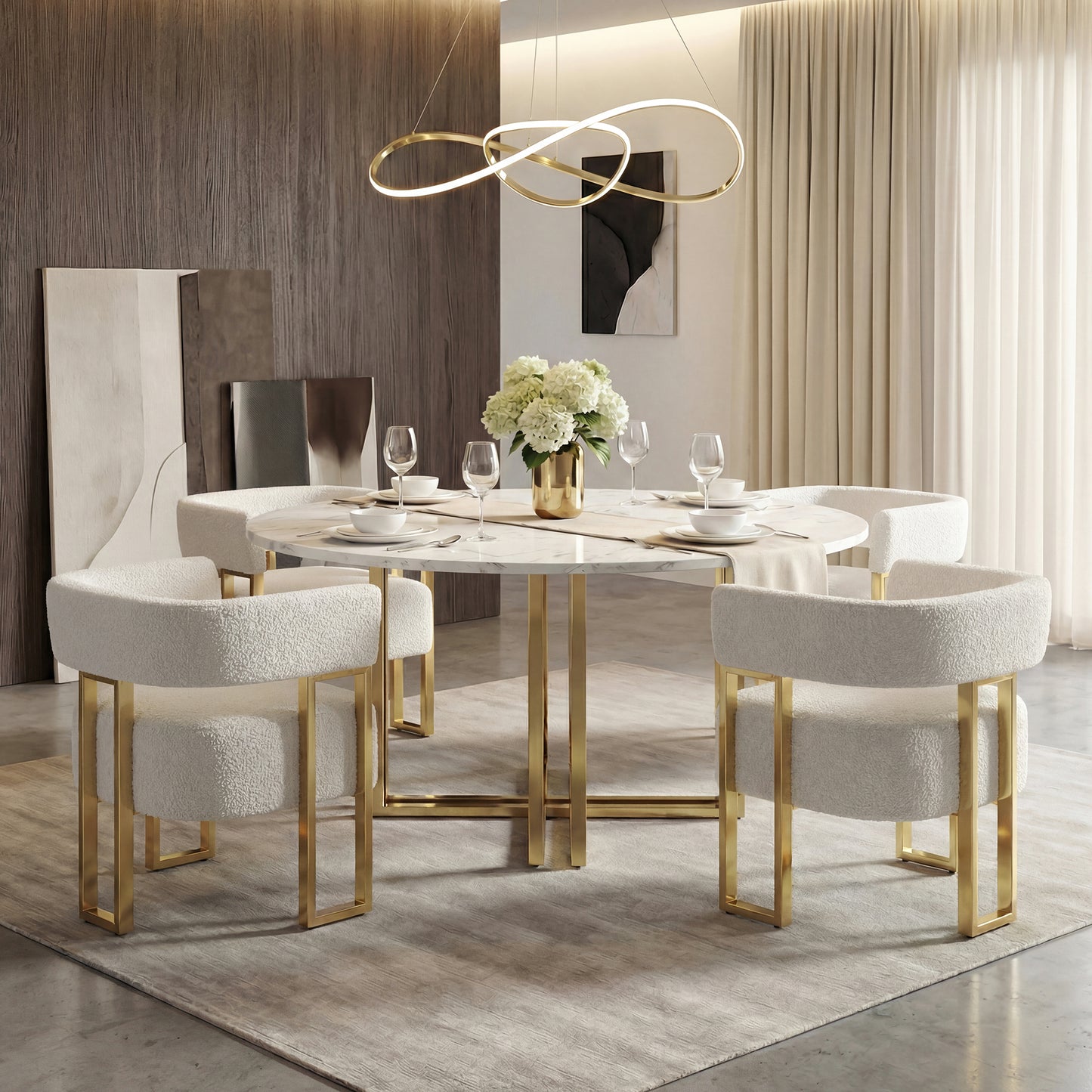 STHOUYN Modern White Boucle Dining Chairs Set of 4 with Gold Metal Legs, Mid Century Barrel Kitchen Chairs Set, Upholstered Accent Armchairs Dining Room Set, Living Room, Apartment (White, 4pcs)