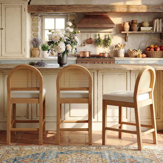 STHOUYN Upholstered Rattan Bar Stools Set of 3, Wooden Counter Height Stools with Natural Rattan Woven Back and Chenille Seat, Mid-Century Modern Barstools Island Chairs for Kitchen