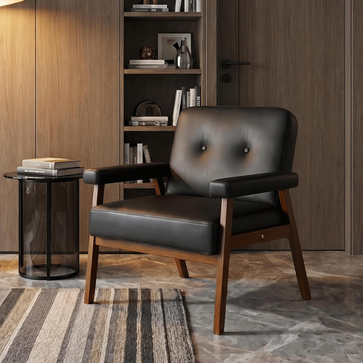 STHOUYN Upholstered Accent Chair, Black Leather Chair with Wooden Legs | Wood Frame, Reading Arm Chair, Mid-Century Modern, Comfy, Living Room, Waiting Room