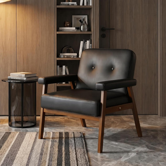STHOUYN Upholstered Accent Chair, Black Leather Chair with Wooden Legs | Wood Frame, Reading Arm Chair, Mid-Century Modern, Comfy, Living Room, Waiting Room