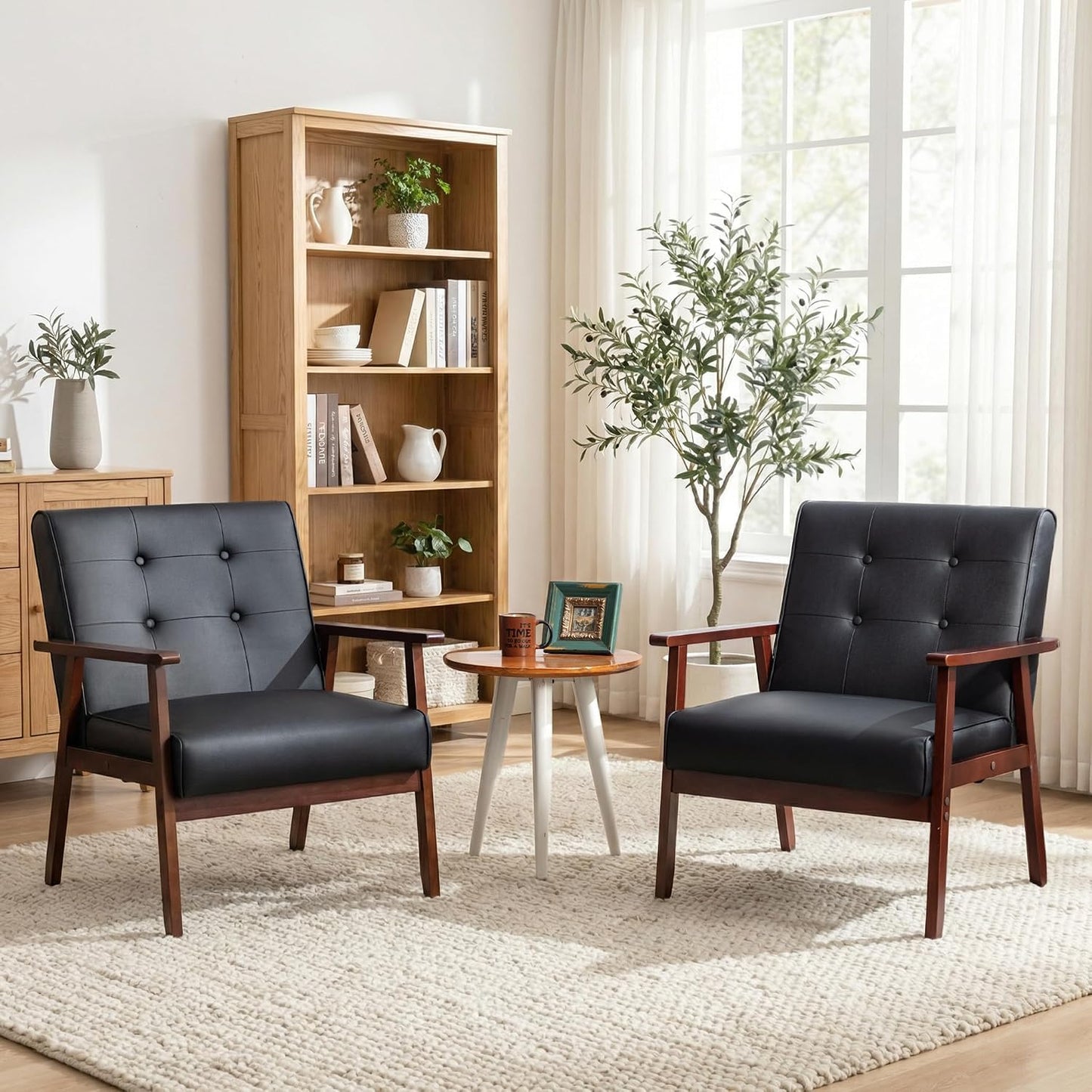 STHOUYN Accent Chairs Set of 2, Faux Leather Chair with Wood Frame, Upholstered, Tufted, Comfy, Reading Arm Chair, Mid-Century Modern, Living Room, Waiting Room, Office