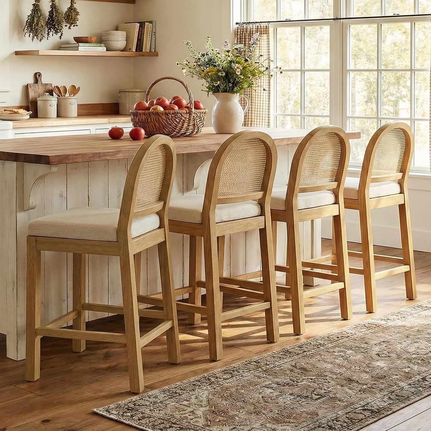 STHOUYN Upholstered Rattan Bar Stools Set of 4, Wooden Island Chairs, Cream White