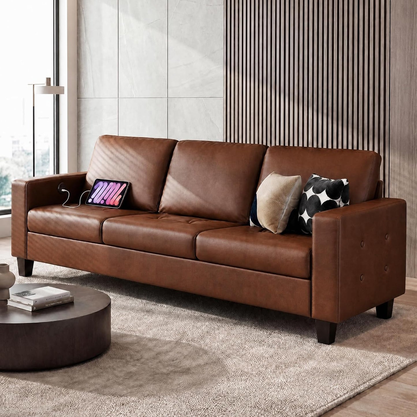 STHOUYN 73” Brown Faux Leather Couch, Tufted Comfy 3 Seater Sofa, Modern, Tufted Armrest, USB Charger, Small, Living Room, Office, Apartment, Bedroom