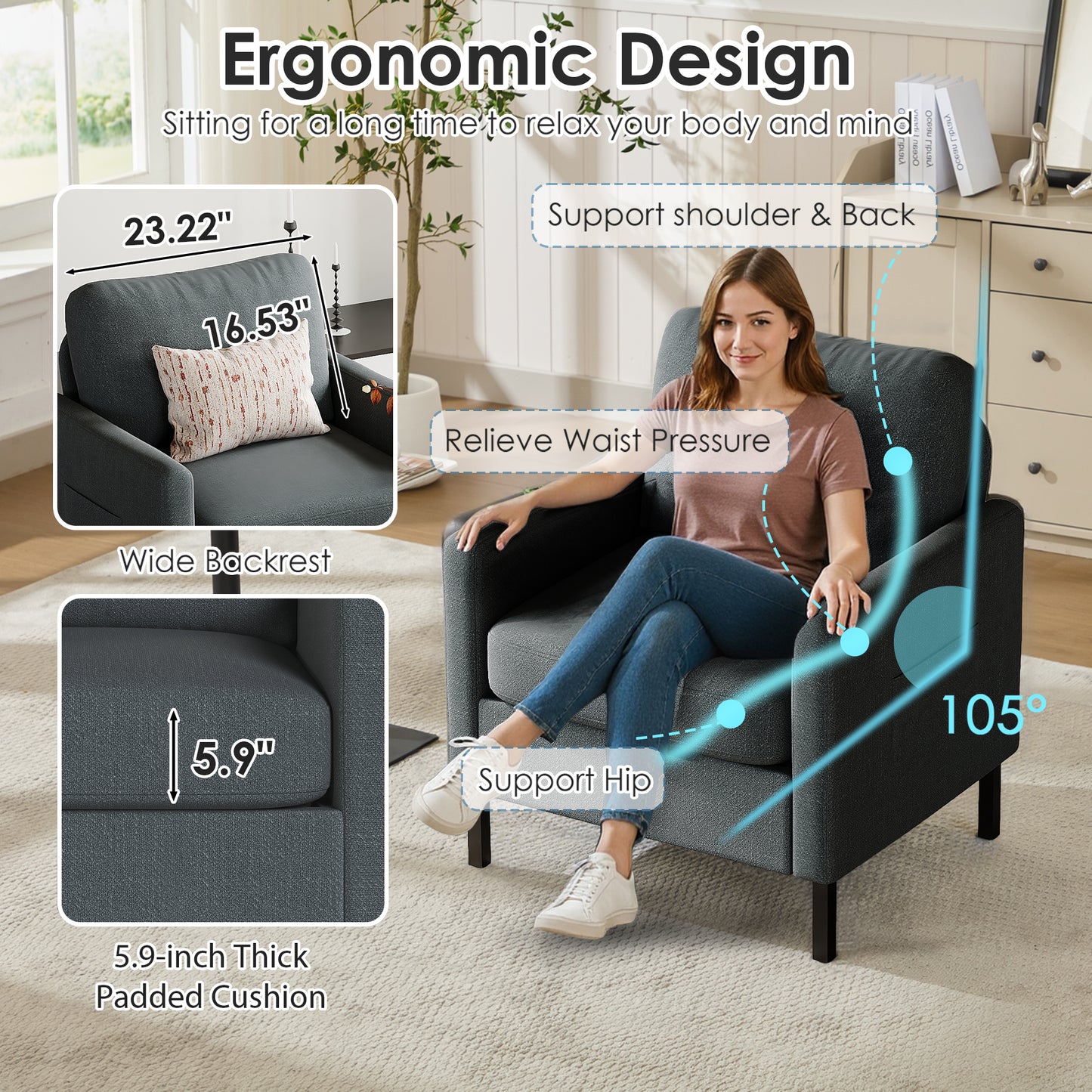 STHOUYN Modern Accent Chairs Set of 2, Bedroom Chair with Side Pockets, Linen Fabric Living Room Chair, Side Arm Chairs for Apartment, Waiting Room (Dark Grey, 2pcs)