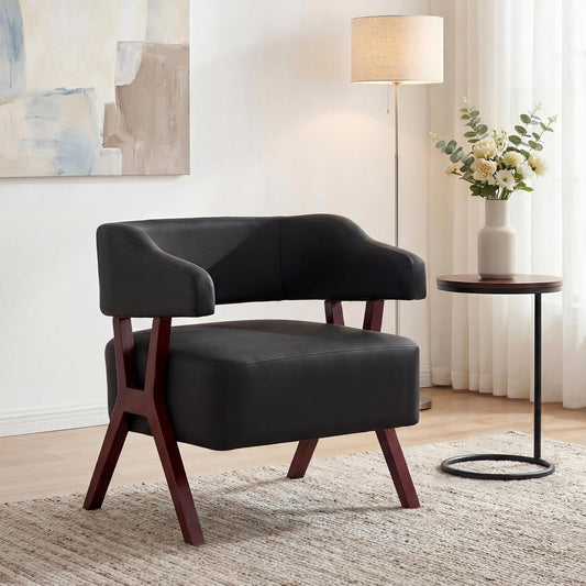 STHOUYN Leather Accent Chairs, Barrel Chair with Solid Wood Frame, Mid-Century Modern Wooden Armchair with Wraparound Back, Comfy Office Reading Chair for Living Room, Bedroom (1, Black)