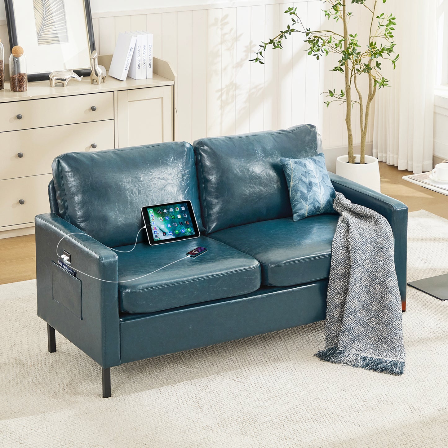 STHOUYN 57" W Faux Leather Loveseat w/ 2 USB, Small Loveseat Sofa w/Side Pockets, Wooden Frame Small Couch w/Metal Legs, Office Mini Couch for Dorm, Bedroom, Appartment (Blue, 2 Seater)