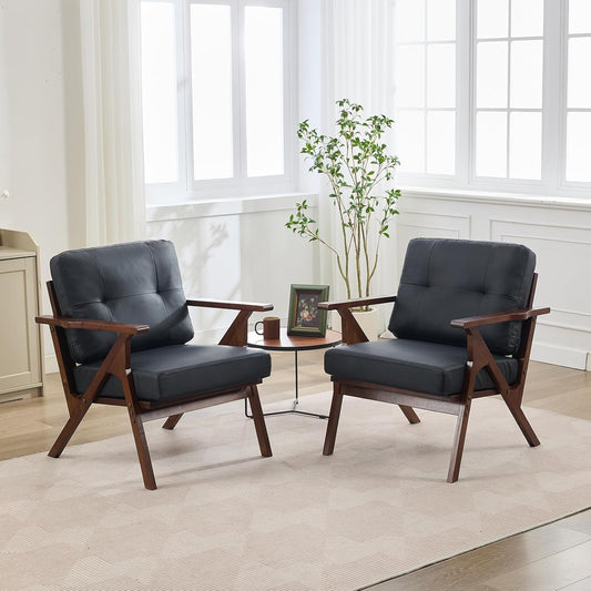 JIASTING Black Leather Accent Chair Set of 2, Mid Century Modern Accent Chair, Office Guest Waiting Room Chairs for Living Room, Bedroom, Wood Frame & Easy Assembly (2)