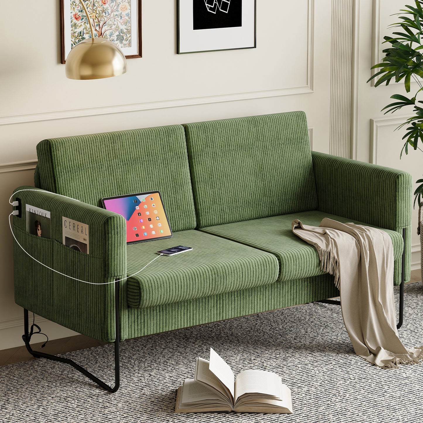 STHOUYN Small Green Love Seat Couches with USB Port & Side Pocket, Small Loveseat for Small Spaces, Mini Sofa for Bedroom, 2 Seater Office Couch (Green)