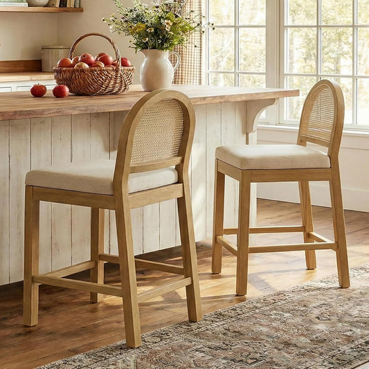 STHOUYN Upholstered Rattan Bar Stools Set of 2, Wooden Counter Height Stools with Natural Rattan Woven Back and Chenille Seat, Mid-Century Modern Barstool Island Chairs for Kitchen