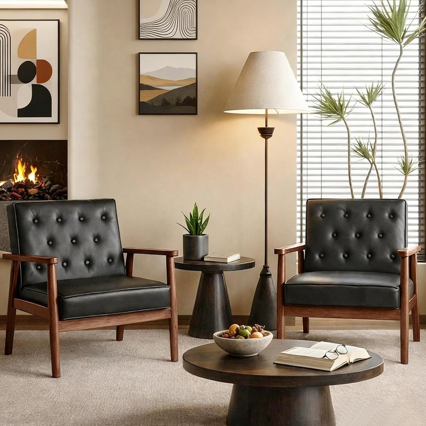 STHOUYN Black Leather Accent Chairs Set of 2, Waiting Room Chairs with Wood Arms, Office Guest Arm Chair, Mid Century Modern Living Room Chair (2, Black)