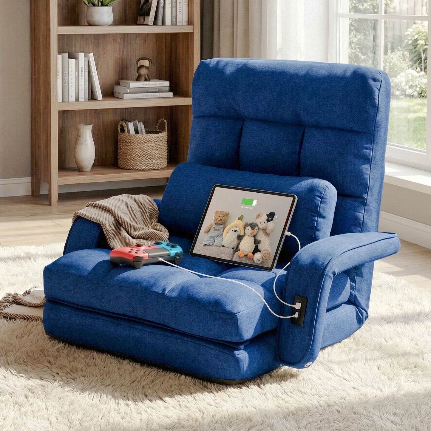 STHOUYN Comfy Floor Chair, Gaming Lounge Couch Chair Bed with 2 USB Charger & 5-Position Adjustable Back, Lazy Folding Sofa Bed, Convertible Sleeper Chair for Living Room, Bedroom, Dorm (Blue)
