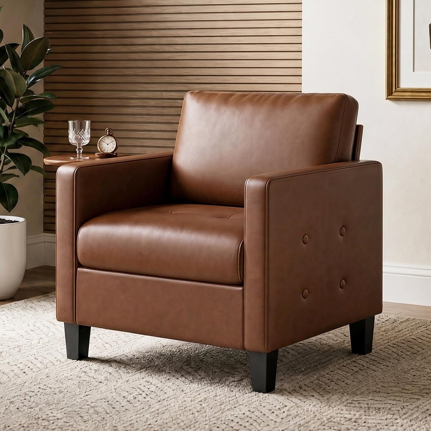 STHOUYN Accent Chair, Brown Leather Chair, Mid-Century Modern Living Room Chairs, Cozy Office Reading Chair with Tufted Seat and Armrest, Reception Armchairs for Bedroom, Waiting Room