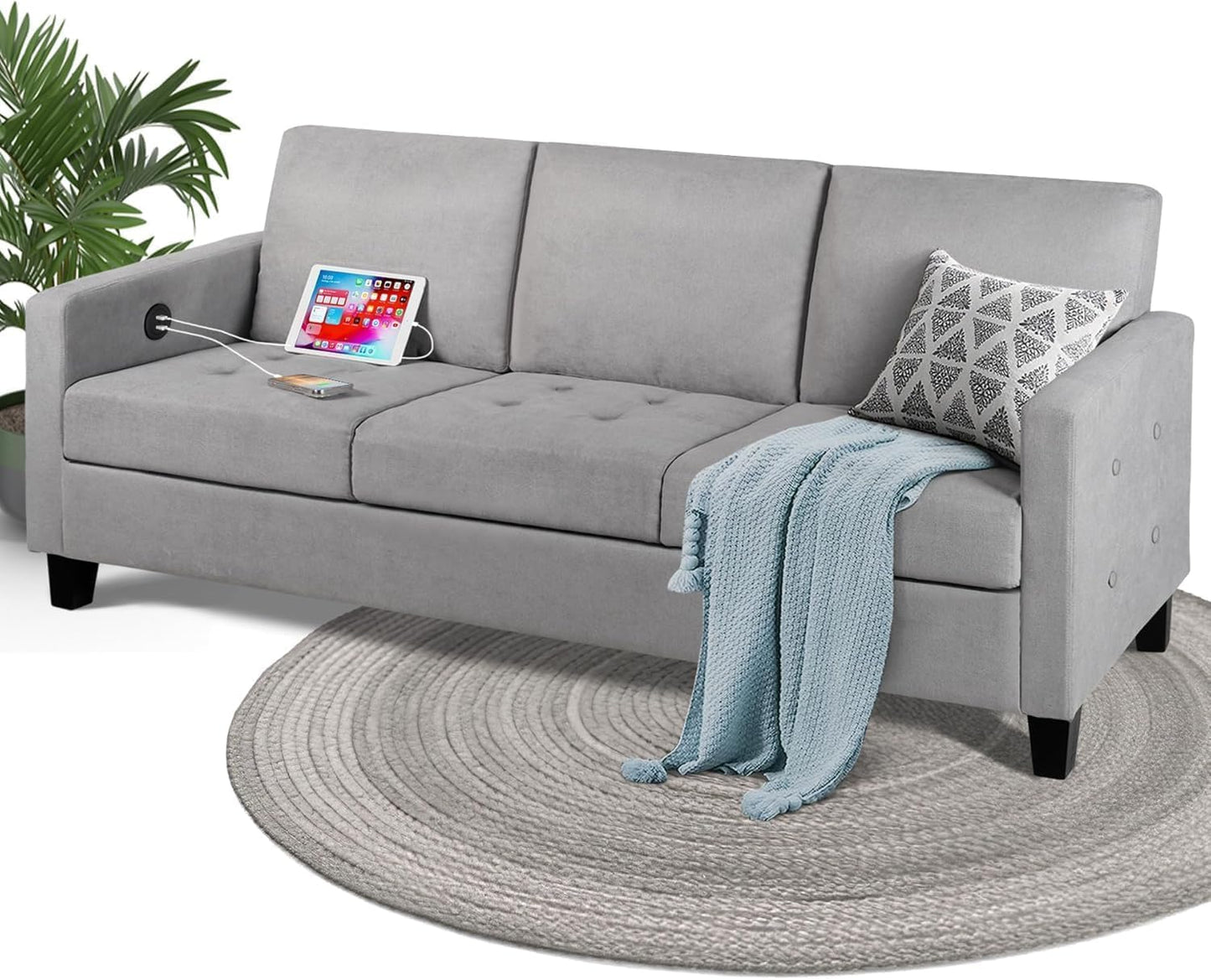 STHOUYN 73" W 3 Seater Couch with USB Ports, Grey Comfy Sofa Couches for Small Spaces, Mid Century Modern Couch Loveseat for Living Room, Bedroom, Apartment (Light Grey)