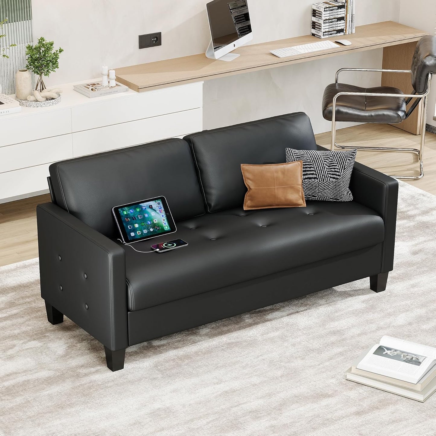STHOUYN 59” Black Faux Leather Sofa Couch, Modern Comfy Office 2 Seater Couch Loveseat with USB and Tufted Armrest, Small Love Seat Couches for Living Room, Bedroom, Apartment