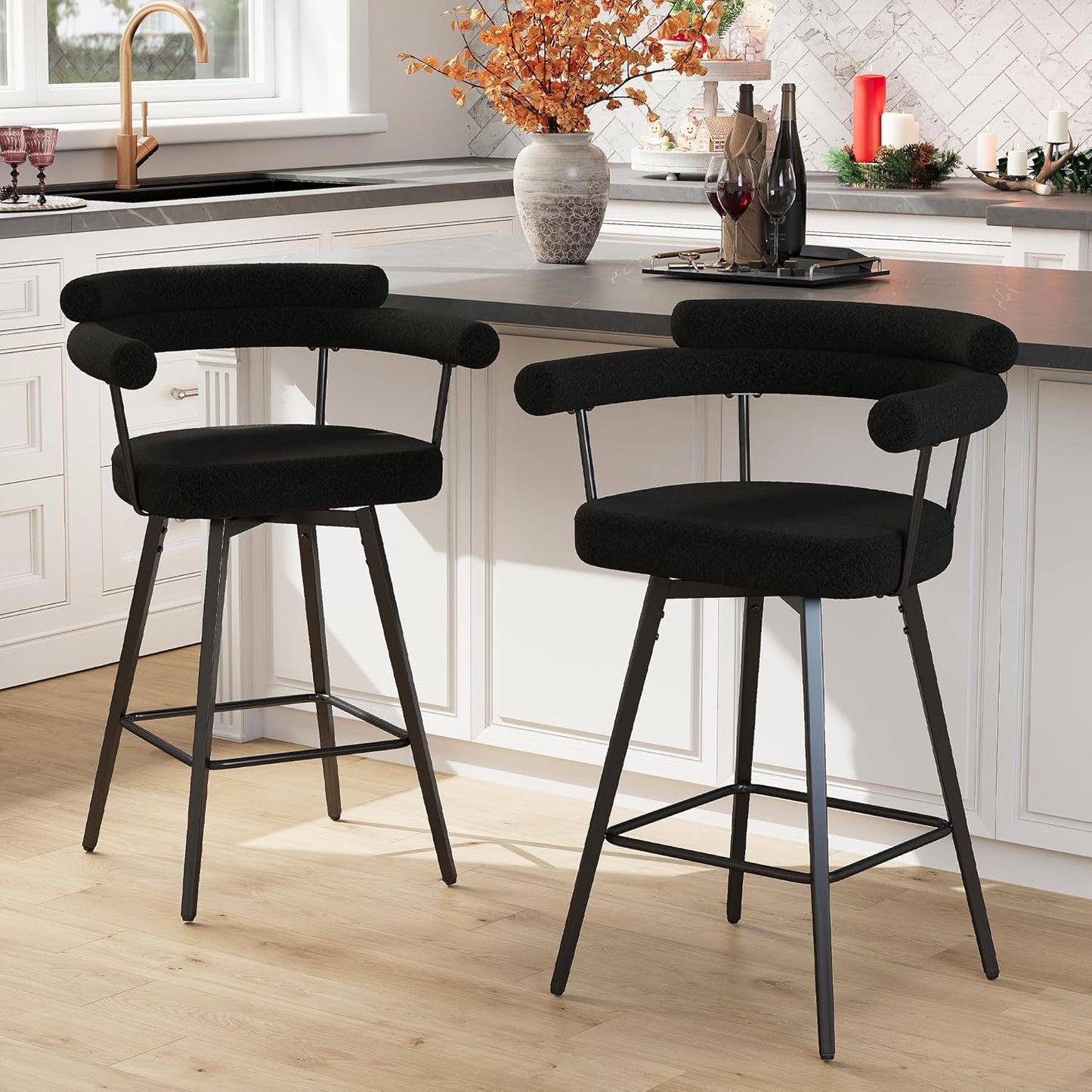 STHOUYN 26” Swivel Bar Stools Set of 2, Black Modern Boucle Counter Height Bar Stools with High Back and Metal Legs, Upholstered Bar Chairs Barstools for Kitchen Island, Dining Room (2, Black)