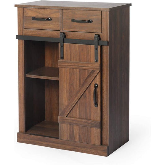 Coewske 11.8 inch Wood Storage Cabinet with Sliding Barn Door Kitchen Sideboard Dark Brown