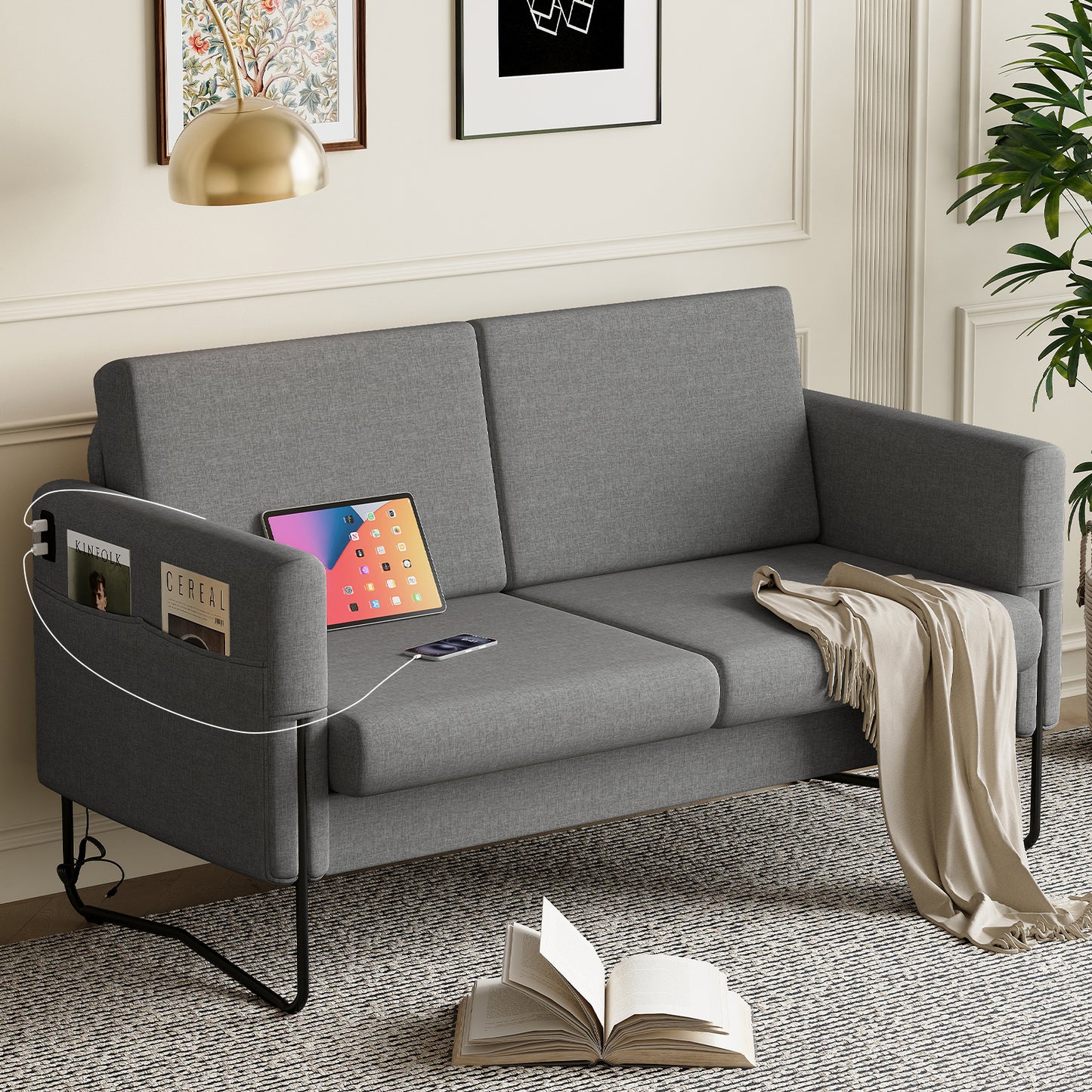 STHOUYN Small Grey Love Seat Couches with USB Port & Side Pocket, Small Loveseat for Small Spaces, Mini Sofa for Bedroom, 2 Seater Office Couch (Dark Grey)