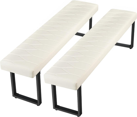 STHOUYN 58” Padded Dining Table Bench Pair of 2 for 6-8 Person, Faux Leather Indoor Cushioned Bench, Extra Long Bench for Dining Room Table, Bedside Bench, Shoe Bench, Entryway Bench (White, 58")