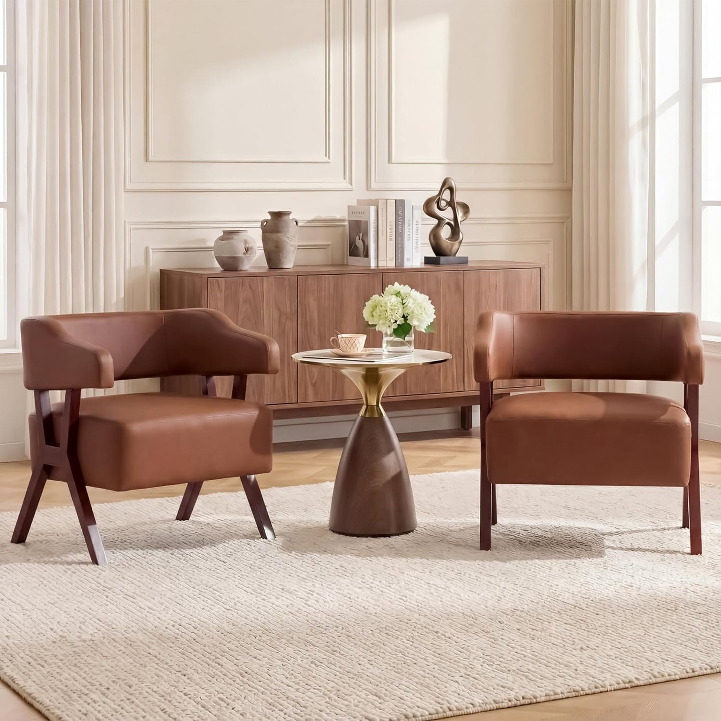 Faux Leather Barrel Accent Chair with Solid Wood Frame (Brown,2) | Mid-Century Modern, Wraparound Back, Reading, Living Room, Office, Bedroom, Dorm
