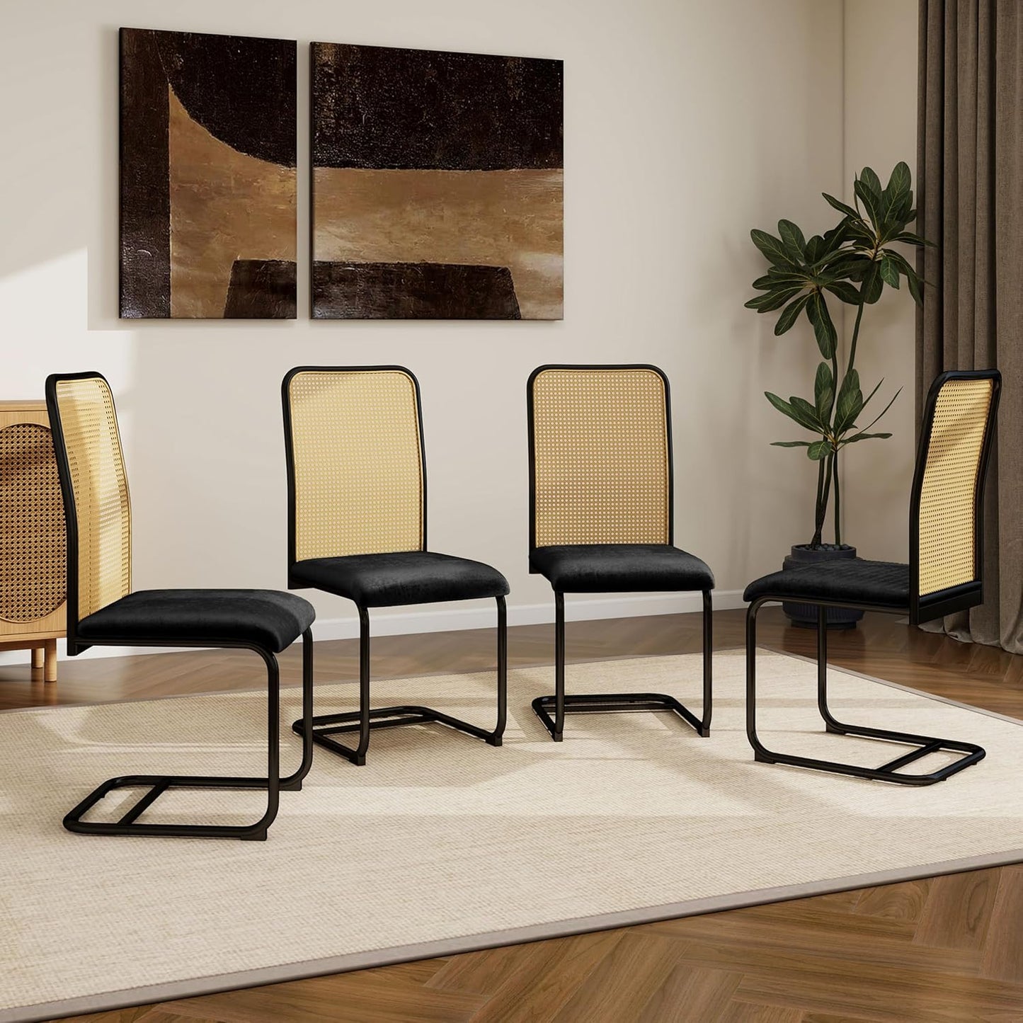 STHOUYN Velvet Rattan Dining Chairs Set of 4, Mid Century Modern Dining Chairs Set of 4, Black Kitchen Chairs Dining Room Chair with Metal Legs & Cane Back
