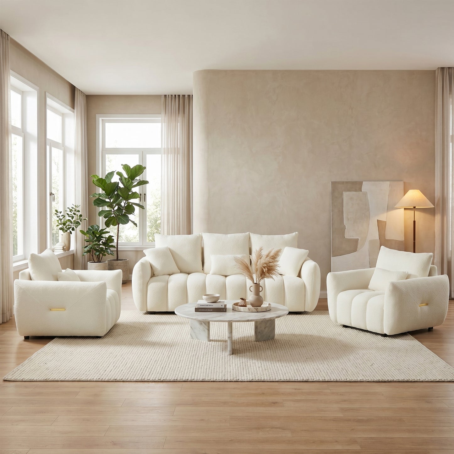 Modern Curved Cloud Couch and Chair Set of 3 Teddy Fabric | Modular Sectional, Gold Accent, Deep Seat, Living Room & Apartment