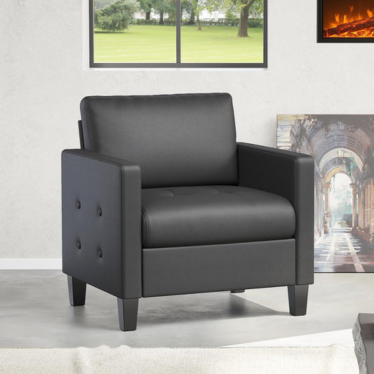 STHOUYN Accent Chair, Black Leather Chair, Mid-Century Modern Living Room Chairs, Cozy Office Reading Chair with Tufted Seat and Armrest, Reception Armchairs for Bedroom, Waiting Room