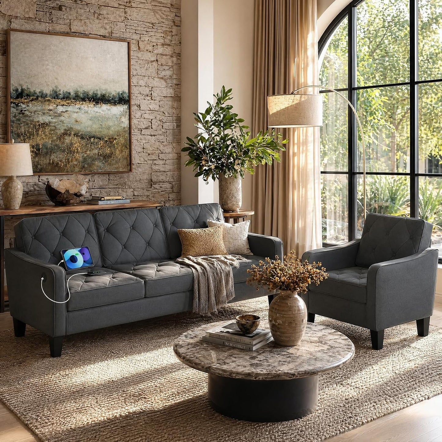 2-Piece Dark Grey Fabric Couch Set, Accent Chair & 3 Seater Sofa, Tufted