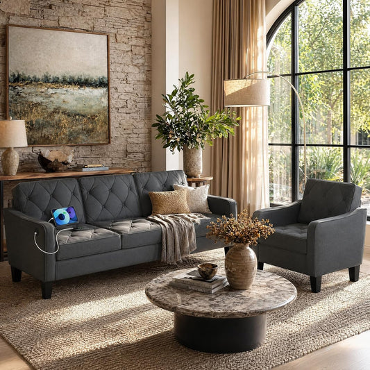 2-Piece Dark Grey Fabric Couch Set, Accent Chair & 3 Seater Sofa, Tufted
