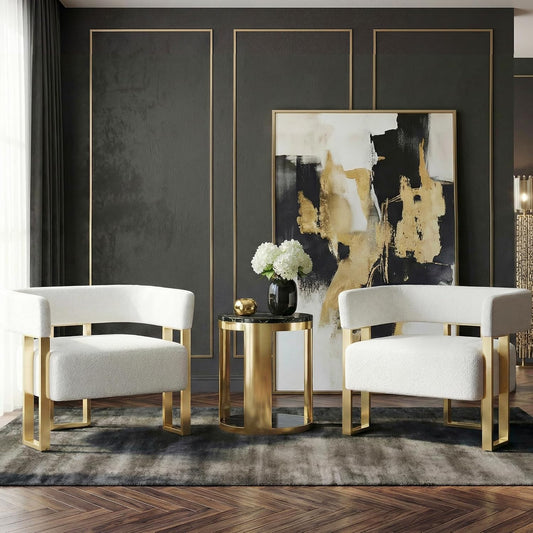 STHOUYN Modern Accent Chair Set of 2, Barrel Chairs, White Arm Chairs Living Room | STHOUYN Bedroom Side Chairs, Boucle Upholstery, Curved Bucket Design, Gold-Tone Base, Armchairs, Small Space Seating