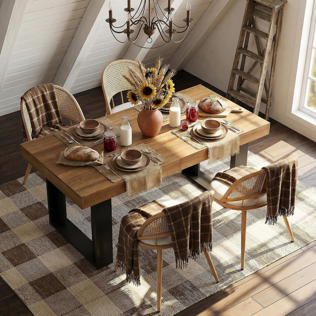 STHOUYN 63"-79" Farmhouse Wood Extendable Dining Table with 4 Upholstered Chairs