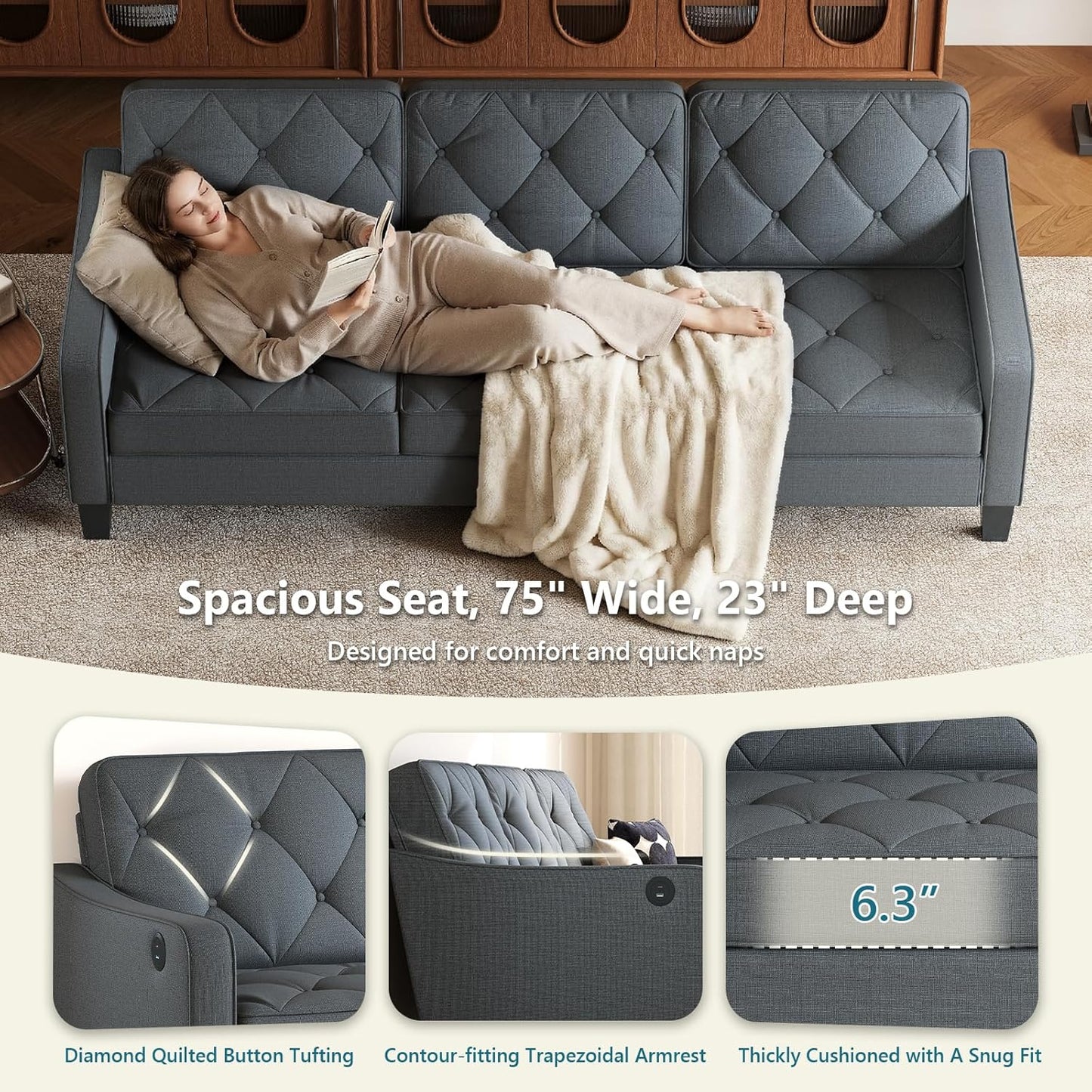 2-Piece Dark Grey Fabric Couch Set, Accent Chair & 3 Seater Sofa, Tufted