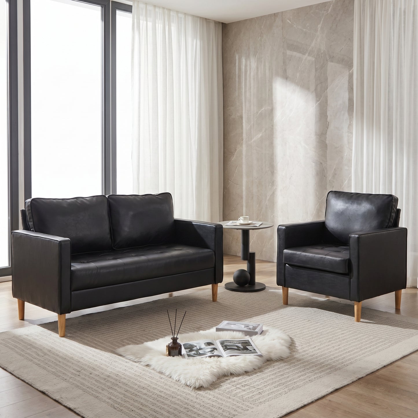 Faux Leather 2 Piece Living Room Set, Accent Chair and Loveseat Set Black