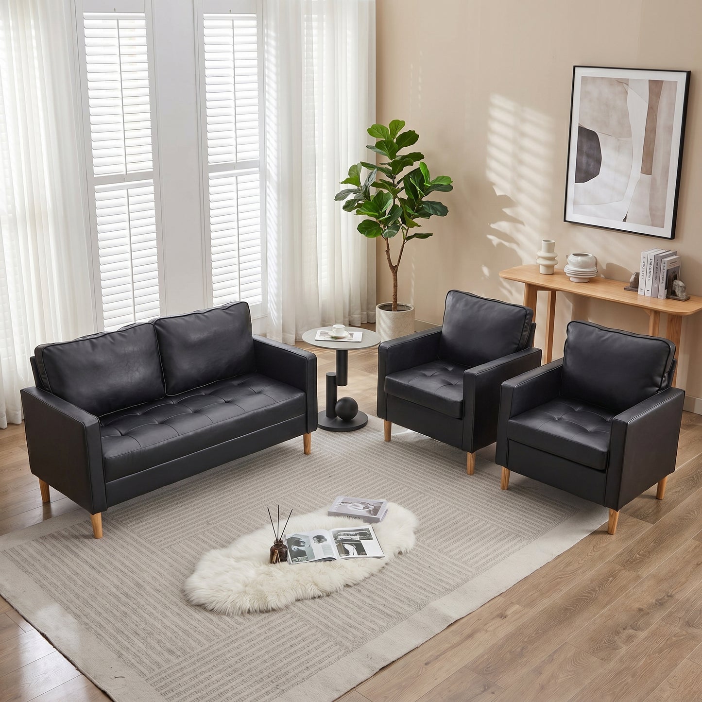 Faux Leather 3 Piece Living Room Set, Accent Chairs Set 2 Loveseat Black