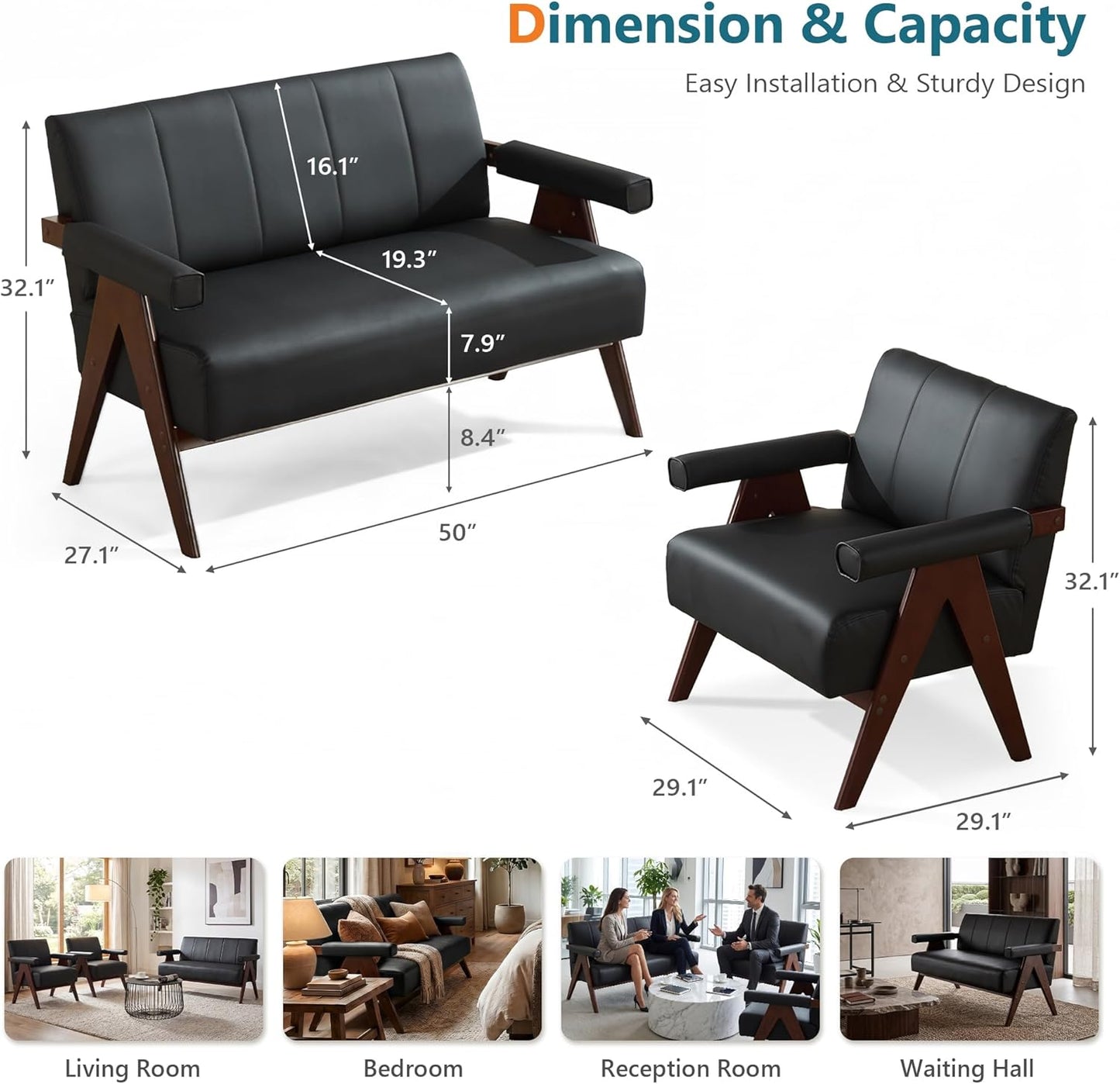 Leather Loveseat Sofa and Accent Chairs Set of 2, Mid-Century Modern Office Furniture Couch and Chair Set, Black Small Love Seat Couches with Wood Arm, 3 Pieces Living Room Furniture Sets (3)