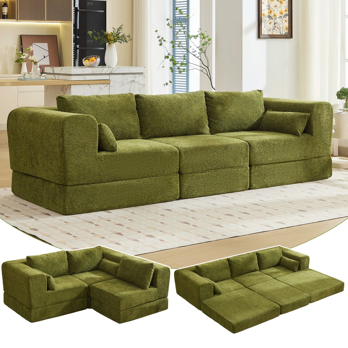 STHOUYN 106" Chenille Folding Convertible Sleeper Sofa Bed, Green Pull Out Floor Modular Couch with Pillow, Memory Foam Boneless Couchs Sectional for Living Room Bedroom (3, Green)