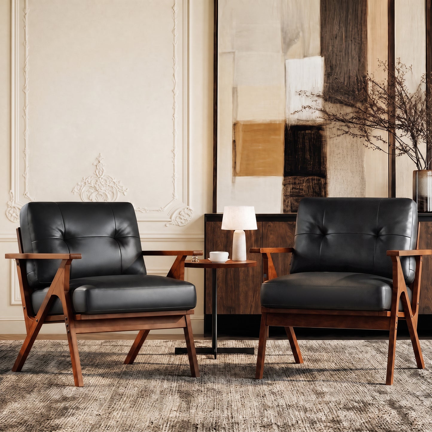 Black Faux Leather Accent Chairs Set of 2 for Office Living Room | Mid Century Modern Waiting Room Chairs, Lobby Chair, Solid Wood Frame, 330 lbs Capacity, High-Resilience Foam
