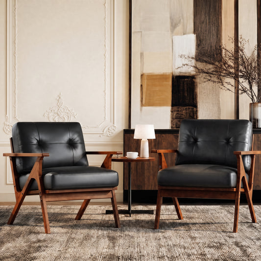 Black Faux Leather Accent Chairs Set of 2 for Office Living Room | Mid Century Modern Waiting Room Chairs, Lobby Chair, Solid Wood Frame, 330 lbs Capacity, High-Resilience Foam