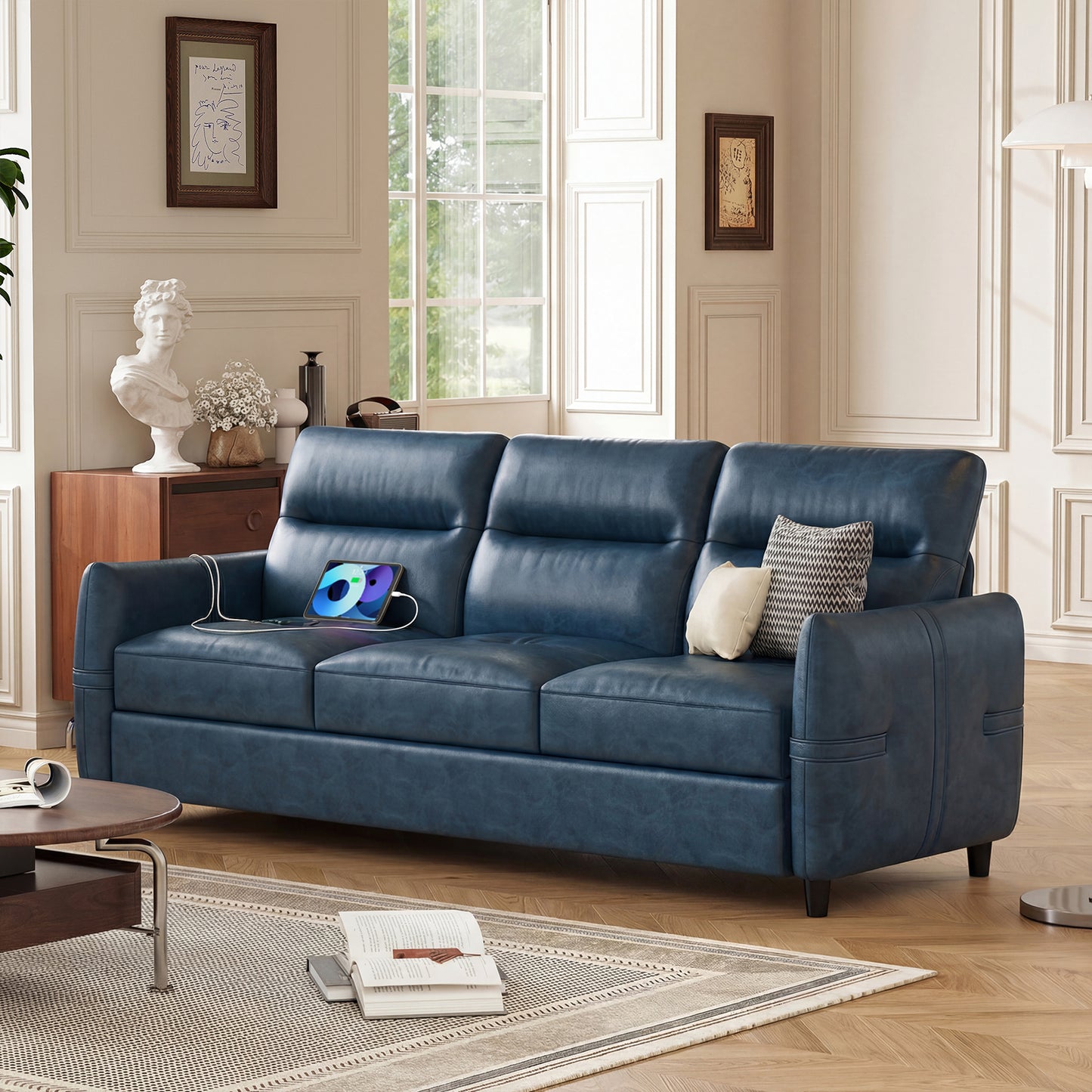 STHOUYN 85” Blue Faux Leather Couch with USB, 3 Seater Couch for Living Room, Large Mid Century Modern Office Sofa for Apartment, Bedroom